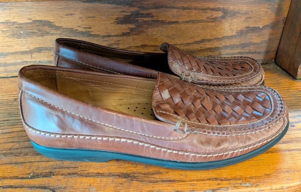 Johnston & Murphy Mens Brown Woven Sheepskin Leather Loafers Shoes Sz 11M Brazil